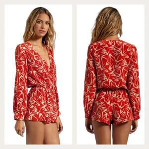 Blu Moon Silk Sparrow Bird Print Romper In Red Size S